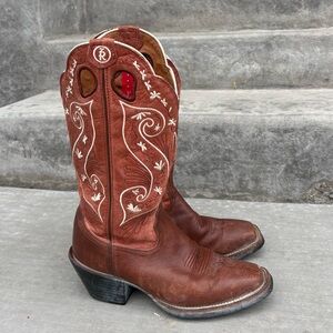 Tony Lama Western Cowboy Boots Womens 7.5 B Brown Leather Embroidered